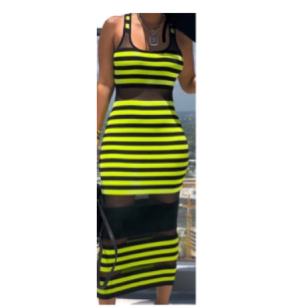 Chic Striped Black and Yellow/Green Pencil Dress NWOT